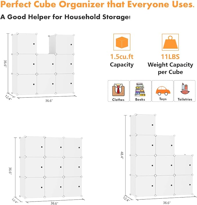C&AHOME 9-Cube Storage Organizer with Door Cube Shelf Closet Cabinet Milky | DIY Plastic Modular Bookshelf, Stackable Clothes Storage Shelving Ideal for Home, Bedroom, 36.6”L x 12.4”W x 36.6”H