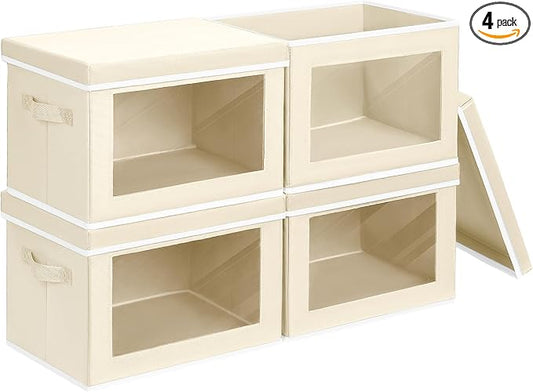 Homsorout Storage Bins with Lids - Small Fabric Organizers with Window, Collapsible Storage Bins for Clothes, Decorative Closet Organizers for Towels, Tshirt, 4 Pack, Beige