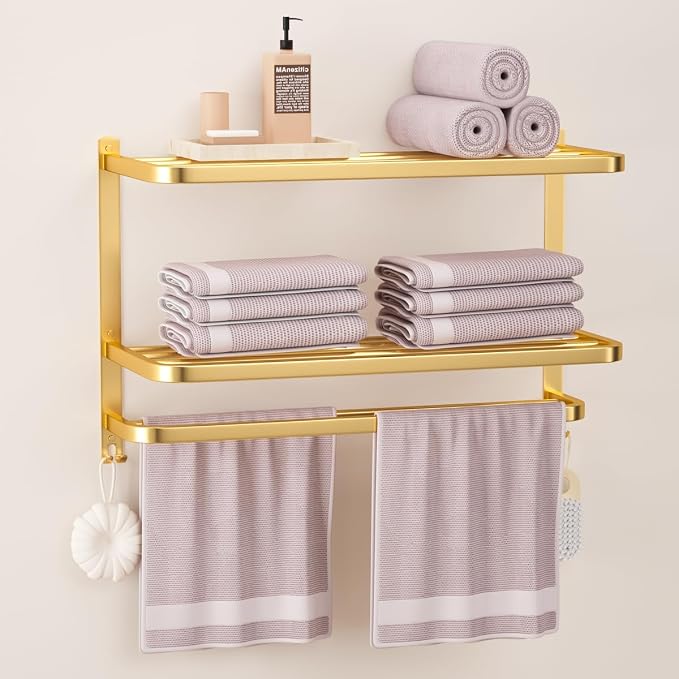 23 Inch 3-Tier Gold Towel Racks for Bathroom with Towel Bars Multilayer Hotel Towel Shelf Stainless Steel Wall-Mounted Brushed Finish Holder with Towel Shelves
