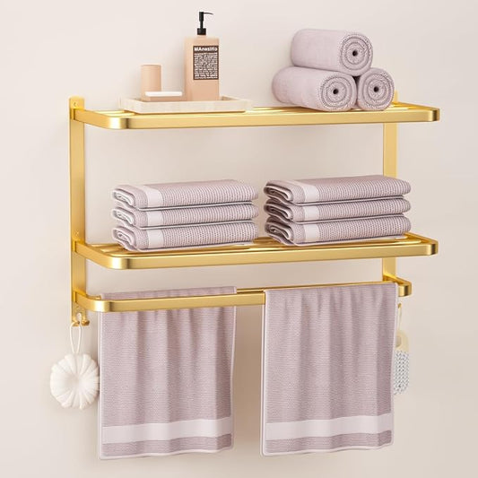 23 Inch 3-Tier Gold Towel Racks for Bathroom with Towel Bars Multilayer Hotel Towel Shelf Stainless Steel Wall-Mounted Brushed Finish Holder with Towel Shelves