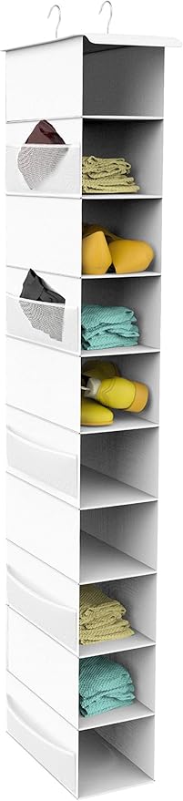 Libeder 10-Shelf Hanging Shoe Organizers with Side Pockets, White | Hanging Closet Organizer with Side Pockets for Wardrode,Dorm, Folding Shoe Racks, Space Saving Hanging Shelves with Hooks