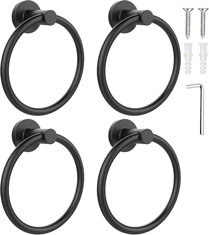 SetSail Towel Holder for Bathroom Wall Matte Black Towel Ring Stainless Steel Hand Towel Holder 4 Packs Towel Hanger for Bath, Kitchen