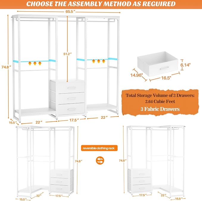 Aheaplus Garment Rack Heavy Duty Clothes Rack for Hanging Clothes,Clothing Rack with Drawers, Wood Stoarge Shelf Freestanding Closet Wardrobe Rack, Corner L Shaped Closet System Organizers, W3,White