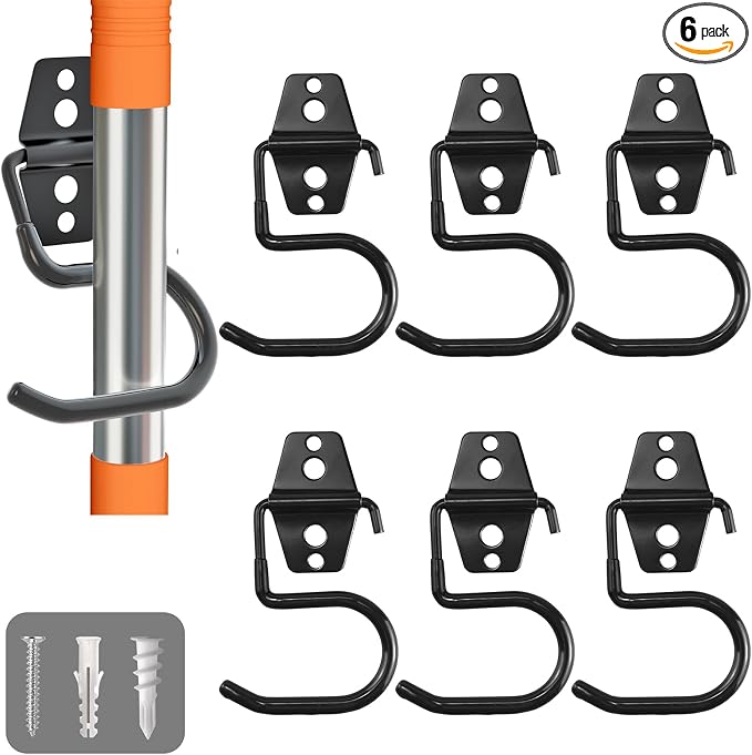 Broom Holder Wall Mount, 6 Pack Tool Hangers Garage Wall Hanging Organizer | Heavy Duty Rubber Coated Steel, Large S Garage Hooks for Mop Shovel Rake Shed Garden Lawn Yard Handle Tools Organization