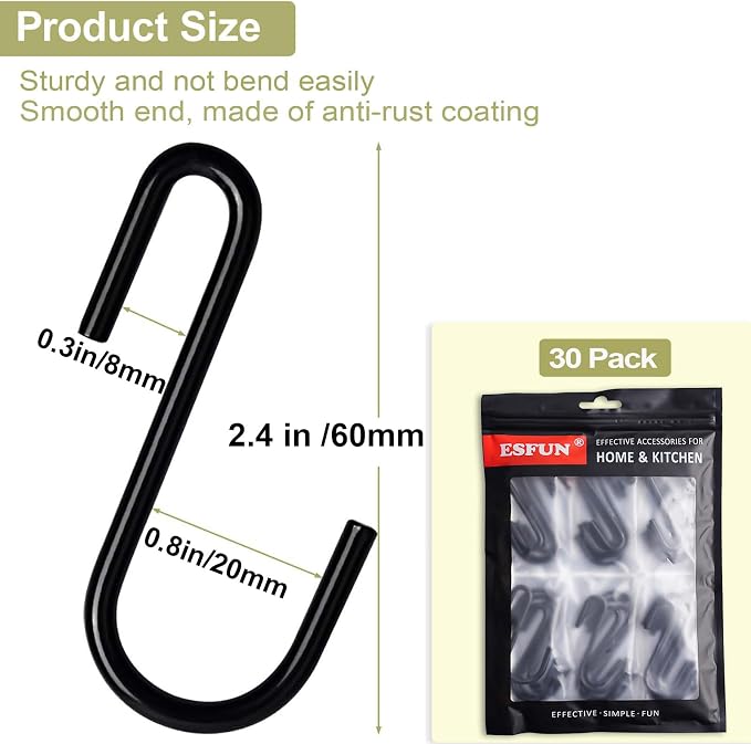 ESFUN 30 Pack 2.4 inches S Hooks for Hanging on Wire Shelves, Black S Shaped Hanging Hooks Hangers Pan Holder Pot Wire Rack Hooks for Kitchenware Spoons Pans Pots Utensils Jeans Bags Towels Plants,