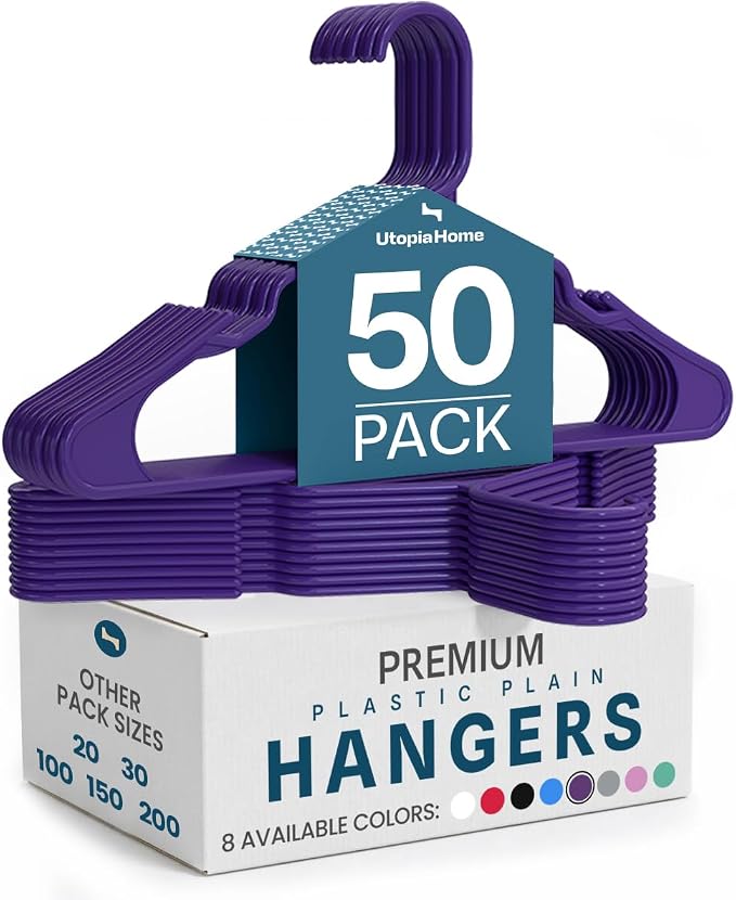 Utopia Home Plastic Hangers 50 Pack – Space Saving Clothes Hanger Purple | Durable & strong | Closet organizer & storage | Ideal for apartments, dorms & stocking stuffers