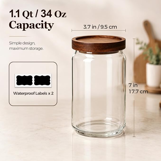ComSaf Glass Jar with Acacia Wood Lid 34oz 1Pack, Food Storage Container | 1.1Qt Canister, Oats Coffee Sugar Pasta Candy Cookies Nut, Kitchen Pantry, Decorative, Countertop Display, Food-Grade, Label