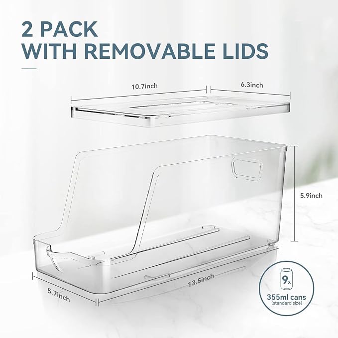 theaoo Soda Can Dispenser for Refrigerator with Lids, Stackable, 1 Pack | Clear Drink Organizer With Lids For Refrigerator Storage. Pantry Organizers And Storage For Fridge And Kitchen Cabinets