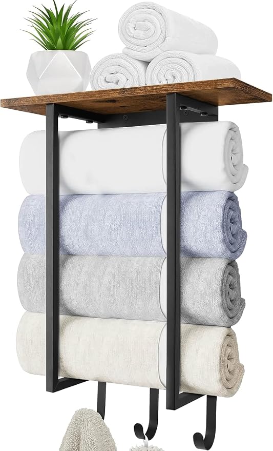 ELITEROO Towel Racks for Bathroom Wall Mounted, Hanging Towel Holder | Wood Towel Rack Shelf with 3 Hook for Washcloths Hand Towel, Bath Towel Storage Organizer for Bathroom, RV, Rustic Brown