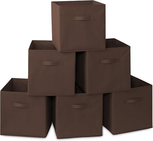 Casafield Set of 6 Collapsible Fabric Cube Storage Bins, Brown - 13" Foldable Cloth Baskets for Shelves, Cubby Organizers & More