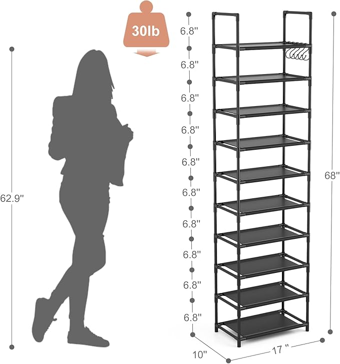 LANTEFUL 10 Tiers Tall Shoe Rack 20-25 Pairs Boots Organizer Storage Sturdy Narrow Shoe Shelf for Entryway, Closets with Hooks, Black