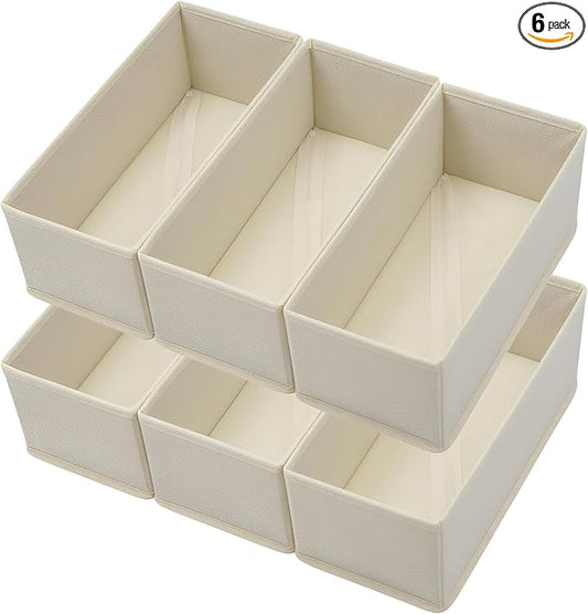 Bructhun Sock Drawer Organizer 6 Pack - Collapsible Fabric Storage Bins for Underwear Divider, Small Closet Organizers with 6 Compartments, Beige
