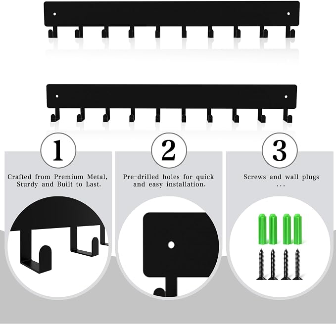14inch Wall Key Holder with 10 Hooks(2 Sets), Metal Key Rack Wall Mount for Keys, Bags and Leashes, Key Hanger for Decorative Organizer Apartment，Entryway,livingroom,Black