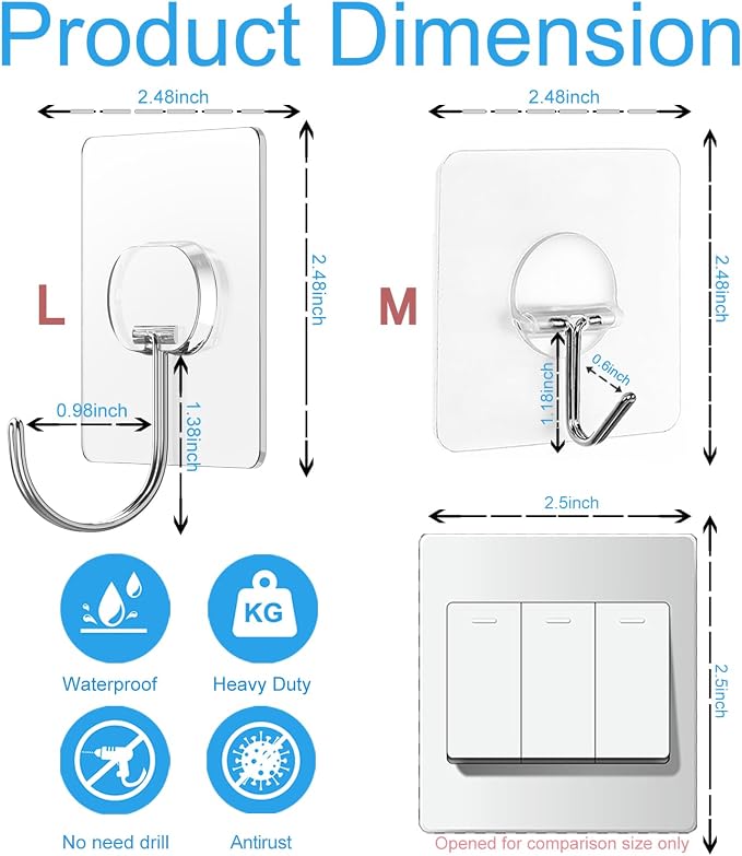 JINSHUNFA Adhesive Wall Hooks 13LB Heavy Duty No Drill Large Transparent Waterproof Hooks for Bathroom Kitchen Towel Coat 12 Pack