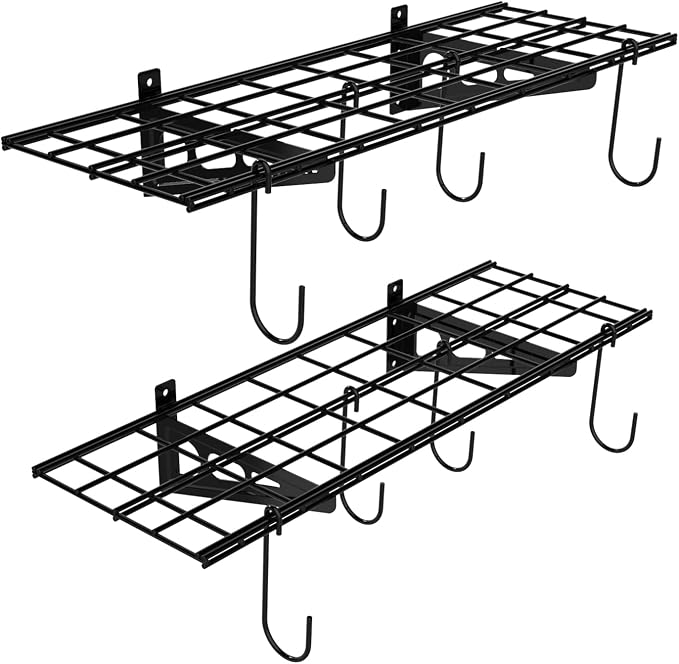 FLEXIMOUNTS 2-Pack 1x3 ft Garage Wall Shelving, Include 8 Bike Hooks, Black | Wall Shelf Garage Organization System w/Bike Hangers, Storage Rack, Floating Shelves, 300 lbs Weight Capacity, Classic Series