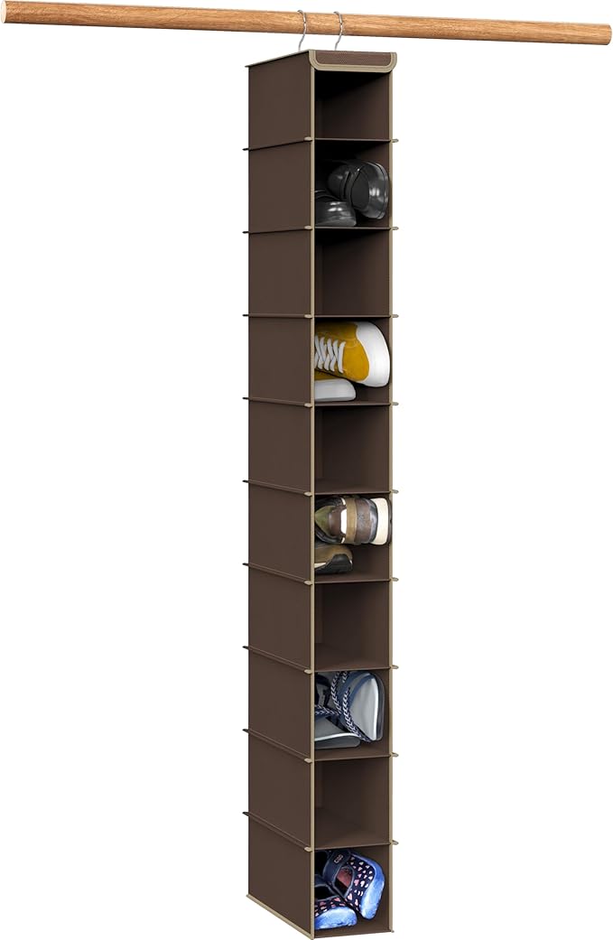 Simple Houseware 10 Shelves Closet Hanging Shoe Organizer, Brown | Dual Metal Hooks, Holds Up to 20 lbs, for Narrow Space