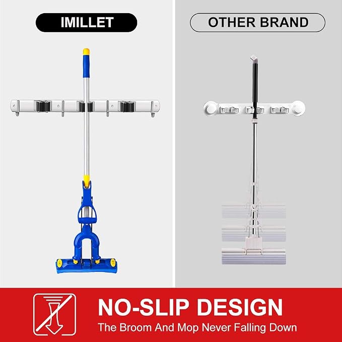 IMILLET 2 Pack Broom Holder Wall Mount Stainless Steel Mop Organizer | 5 Racks 4 Hooks Heavy Duty Garage Organization Storage,Broom and Mop Organizer Wall Hanging Self Adhesive for Laundry Room