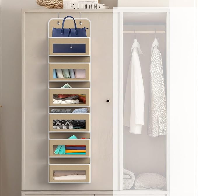 Simple Houseware 6 Clear Window Pocket Over Door Hanging Organizer, Beige | Over the Door Storage for Closet, Bedroom, Bathroom, Pantry
