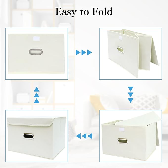 STOREONE Fabric Storage Cube Bins Foldable Organizer Container Collapsible Basket with Lids and Metal Handles, for Home, Bedroom, Closet 6 Pcs (Creamy-White)