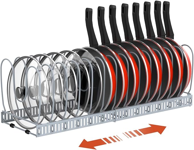 Housolution Pot and Pan Lid Organizer Holder Storage Rack, Grey | 12"-23" Expandable, 14 Adjustable Dividers, Sturdy Metal Construction, Easy Assembly