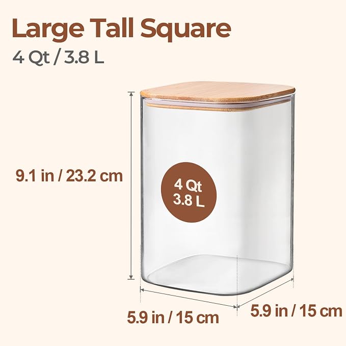ComSaf Flour Sugar Storage Containers 4 Qt, Set of 2 Glass Flour Container | 1 Gallon Large Glass Storage Containers, 15cm Extra Wide Mouth Canisters, Easy Clean and Scoop, 4.4lb Flour Jar, BPA Free