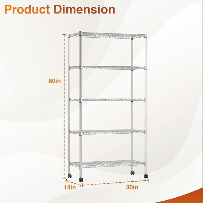 BestOffice | 5-Tier Wire Shelf with Wheels | 14" x 30" x 60" | Chrome | Storage Shelves with Adjustable Racks, Holds upto 220 lbs | Rust-Resistant, No-Tool Assembly | For Home, Garage