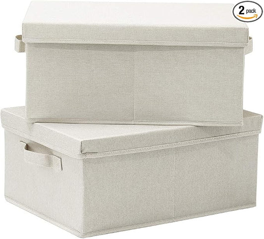 HOONEX Foldable Storage Bins with Lids, 2 Pack, Storage Boxes with Carrying Handles and Sturdy Heavy Cardboard, 16.5" L x 11.8" W x 7.5" H for Shoes, Books, Clothes, Beige