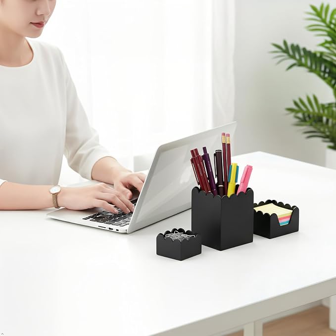 Acrylic Desk Organizer Set of 3, Magnetic Modular Pen Holder with Sticky Note & Paperclip Tray,Black Aesthetic Desk Accessories for Home Office, Desk Decor for Women Men, Small Space Office Supplies