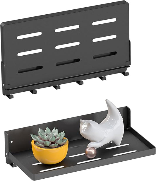 Small Folding Metal Shelf with Hooks, RV Fold-Down Wall Shelf, 6 Hooks, Drop Down Floating Shelf for Laundry Room, Kitchen, Bedside, Toilet Room, Bathroom, Utility, Black（11.8", 1 Pack）
