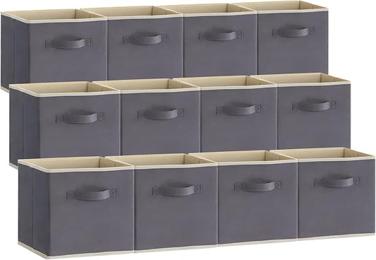 Lifewit Storage Cubes, Foldable Decorative Fabric Storage Baskets for Organizing Home Organizers with Handles for Shelves, Closet, 13 Inch Bins, 36L Gray, 12 Packs
