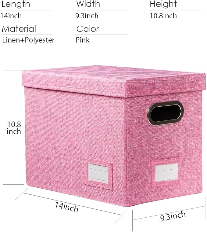 File Organizer Box - Set of 4 Collapsible Decorative Linen Filing Storage Hanging File Folders with Lids Office Cabinet Letter Size Pink (14x9.3x10.8 inch)