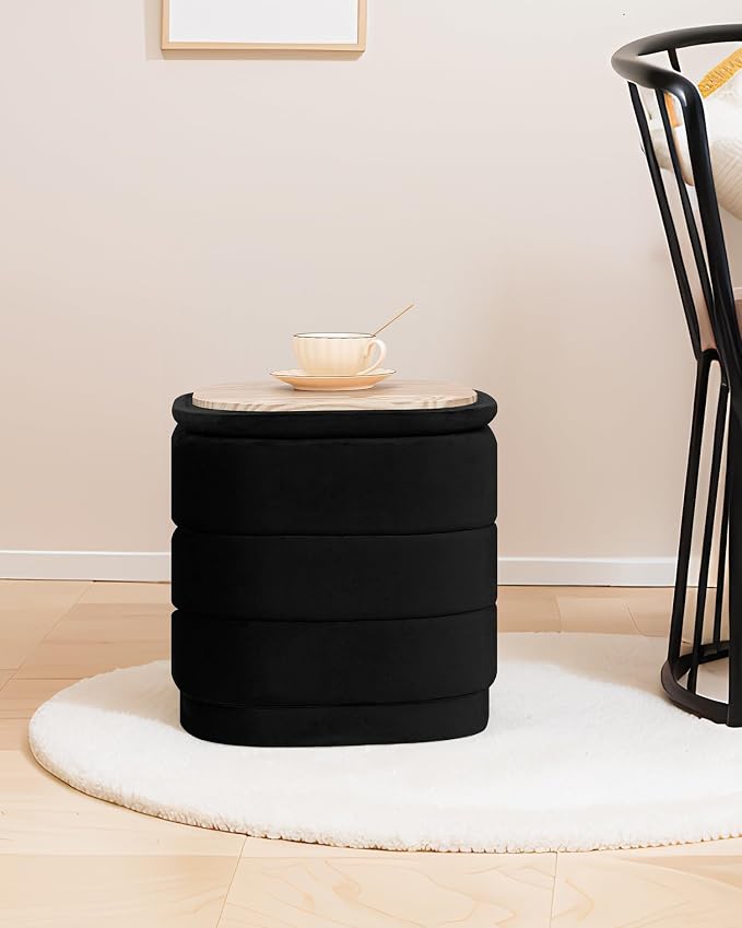 B FSOBEIIALEO Velvet Storage Ottoman with Tray, Square Folding Ottoman with Storage Coffee Table Foot Rest for Dorm Room, Living Room Black, 15"x15"x15"