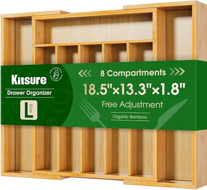 Kitsure Silverware Organizer, Bamboo Kitchen Drawer Tray, Natural, Large | Expandable Drawer Kitchen Organizer, Cooking Utensils & Cutlery, Sturdy & Thickened Design, Storage Solution