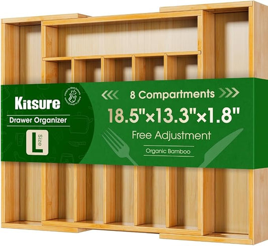 Kitsure Silverware Organizer, Bamboo Kitchen Drawer Tray, Natural, Large | Expandable Drawer Kitchen Organizer, Cooking Utensils & Cutlery, Sturdy & Thickened Design, Storage Solution