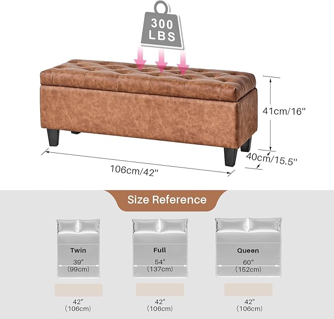 Redlife 42" Faux Leather Storage Ottoman Bench, End of Bed Storage Bench | Faux Leather, Solid Wood Leg, Safety Hinge, Modern Accent Leather Ottoman Storage for Bedroom Living Room Entryway, Brown