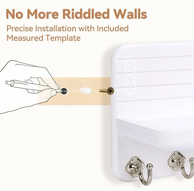 Key Holder for Wall, Mail Organizer Wall Mount with 6 Hooks Wooden Hanging Key Rack for Home Decor, Hallway, Entryway (White)