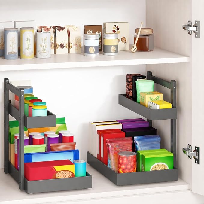 Bamboo Under Sink Organizer, 2-Tier Pull Out Cabinet Organizer | Kitchen Sink Organizer | Bathroom Cabinet Organizer | Cleaning Supply Storage | L-Shape | 3-Level Adjustable | Natural Bamboo