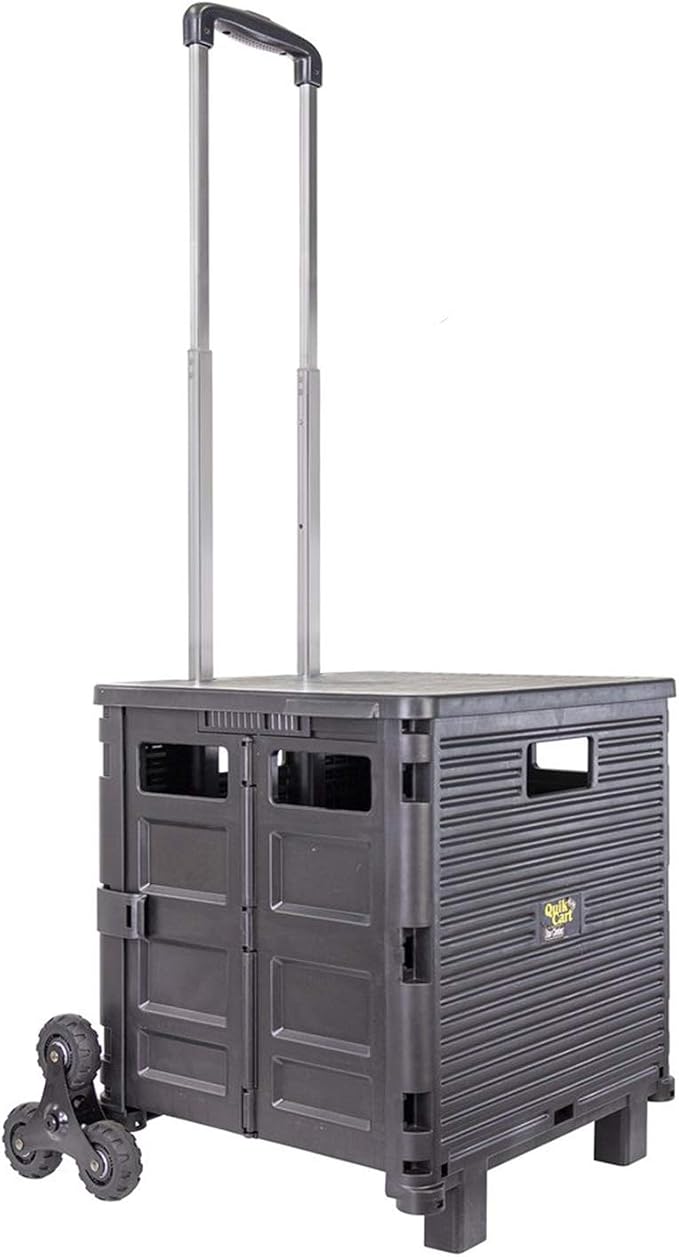 dbest products Quik Cart Elite Stair Climber Wheeled Rolling Crate Teacher Utility With seat Heavy Duty Collapsible Basket With Handle, Black | Collapsible, with Wheels, 120 lbs Capacity, Heavy Duty, Telescoping Handle, Folding Utility Cart with Seat