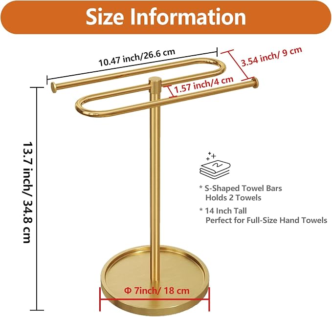Bethom Bathroom Hand Towel Holder Stand Gold, S-Shape Kitchen Towel Rack | Stainless Steel Countertop Towel Standing Bar, Holds 2 Hand Towels