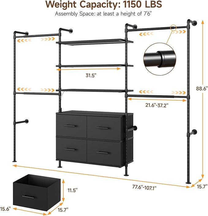 T3 Closet System with Stepless Dimmable LED Light, Industrial Pipe Clothing Rack with 4 Drawers, 6 Wooden Shelves & 4 Telescopic Rods, Heavy Duty Closet Organizers in Wardrobe Closet (Black)