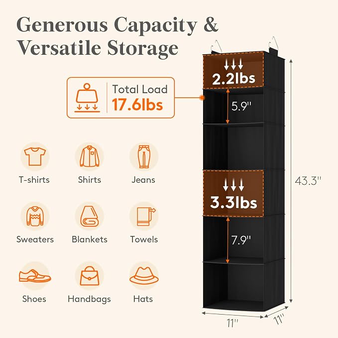 Lifewit 6 Tier Hanging Closet Storage Organizer for Shelves, Black, 1 Pack | Foldable Clothes Shelf with 2 Sturdy Hooks, Sweater/Coat/Shoes Clothing Organization for Wardrobe, Dorm, Bedroom