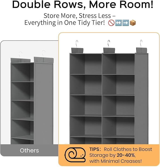 5 Tier Hanging Closet Organizer, Dual Row Wardrobe Storage with Hooks, Grey | 158.3L Extra-Large Closet Storage, Strong Hooks & Thick Fabric Hold Heavy Garments, Foldable Design Saves Closet Space.