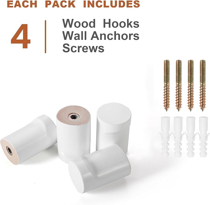 bsdonte Wood Wall Hooks, 4 Pack White Decorative Coat Hooks Wall Mounted, Modern Hat Hooks Heavy Duty Entryway Wall Hangers for Hanging Purse, Towels, Clothes, Backpack