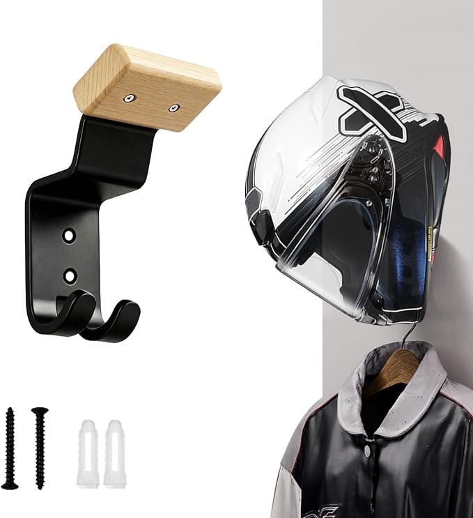 Motorcycle Helmet Holder Wall Mount - Heavy Duty Helmet Hanger Rack with 2 Key Hooks, Solid Wood & Strong Steel Design for Bike, Football, Skiing Sports Gear, Jackets & Hats (Yellow*1)
