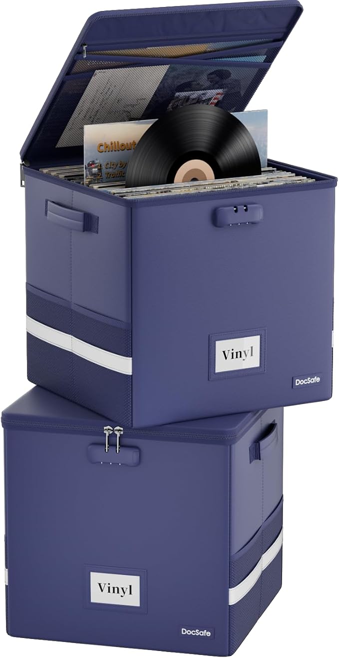 DocSafe Vinyl Record Storage Box with Lock,Fireproof Record Organizer Storage for 100+ Single Records(12-inch), Collapsible Storage Crate with Lid & Handles for Valuable Album Collection,Blue,2 Pack
