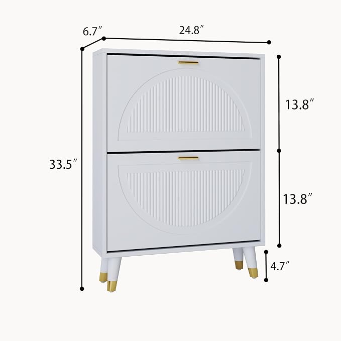 White Shoe Cabinet Storage for Entryway: Modern Hidden Shoe Storage Cabinet, Shoes Rack with 4 Flip Drawers, Wood Small Organizer with Doors (2 Pieces，25")