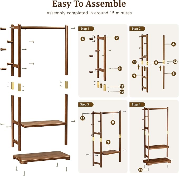 Taitiy Coat Rack Solid Wood Hall Tree Storage 2 Shelves 5 Hooks | Hallway bedroom living room, durable wood construction, freestanding organizer design, coats hats wallets garments
