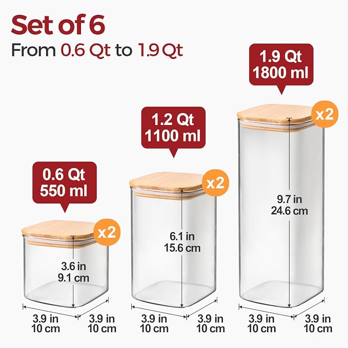 Glass Pantry Storage Containers with Lids 0.6/1.2/1.9 Qt 6 Pack | Pantry Organization, Square Stackable Design, Flour Sugar Coffee Beans Pasta Cereal Dry Food Storage,Kitchen Organizer