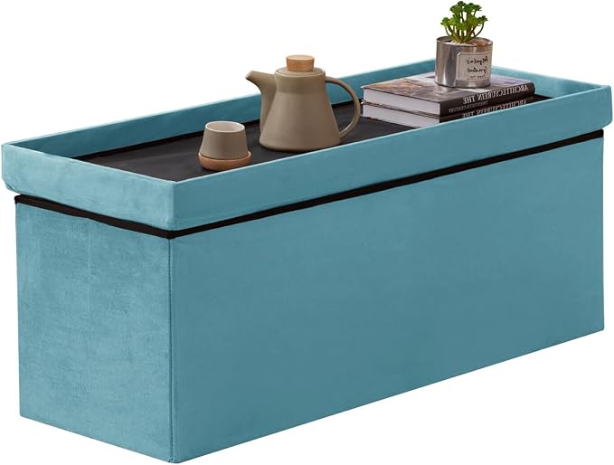 BRIAN & DANY 43 Inches Folding Storage Ottoman Bench, Velvet Ottoman with Storage for Living Room, Bedroom, Entryway, Ottoman Foot Rest, End of Bed Bench (Teal)