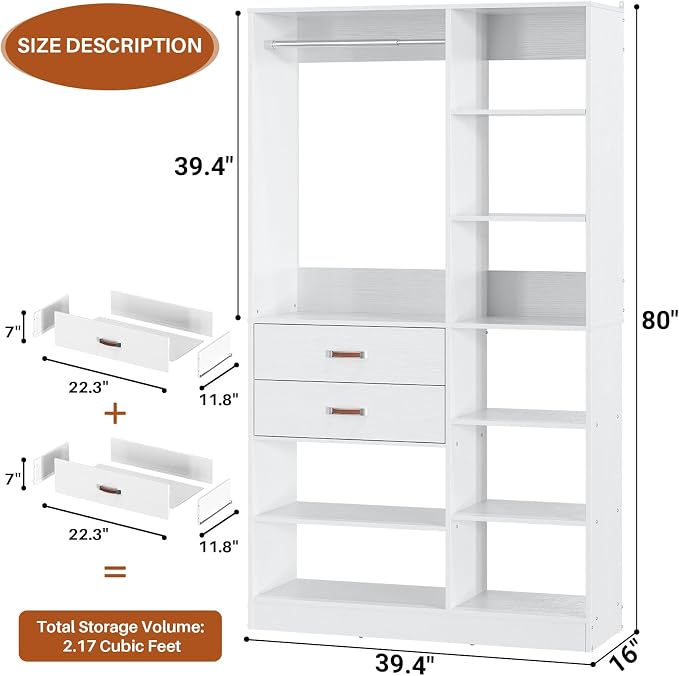 Freestanding Closet System, 40 Inches Stand-Alone Wardrobe with 10 Shelves, 80'' Height Adjustable Cloth Garment Rack with 2 Wood Drawers, Wood Walk-in Closet with Hanging Rod, White